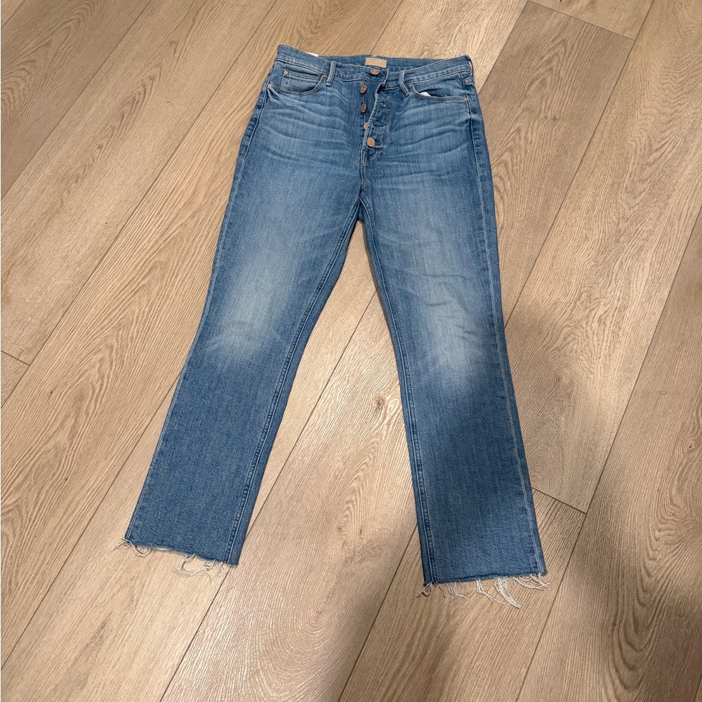 MOTHER Frayed Hem Classic Blue Straight Leg Denim Jeans 29”